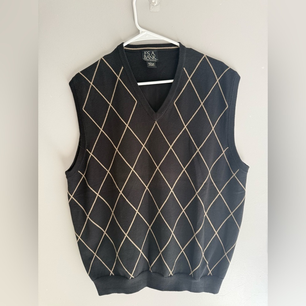 Jos. A. Bank Classic Collection V Neck Sweater Vest SZ L Argyle Black Tan Cotton
